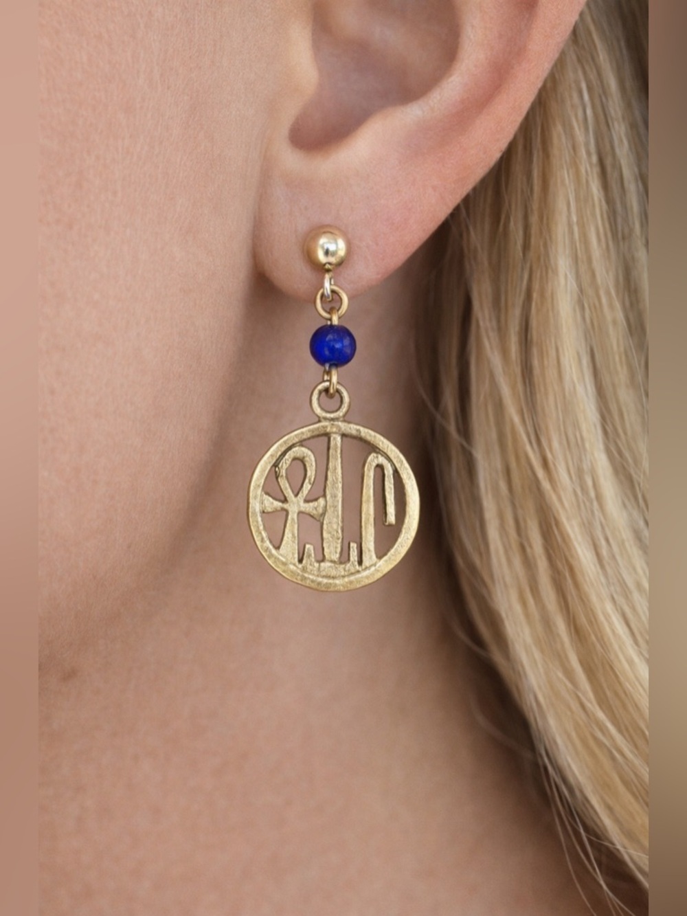Gold Tone Dangle Earrings Blue Bead Egyptian Inspired Symbol Drop Vintage Style